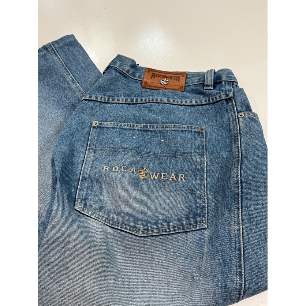Rocawear Mens Baggy Denim Jeans Blue Embroidered Logo 40x30 Streetwear Vintage